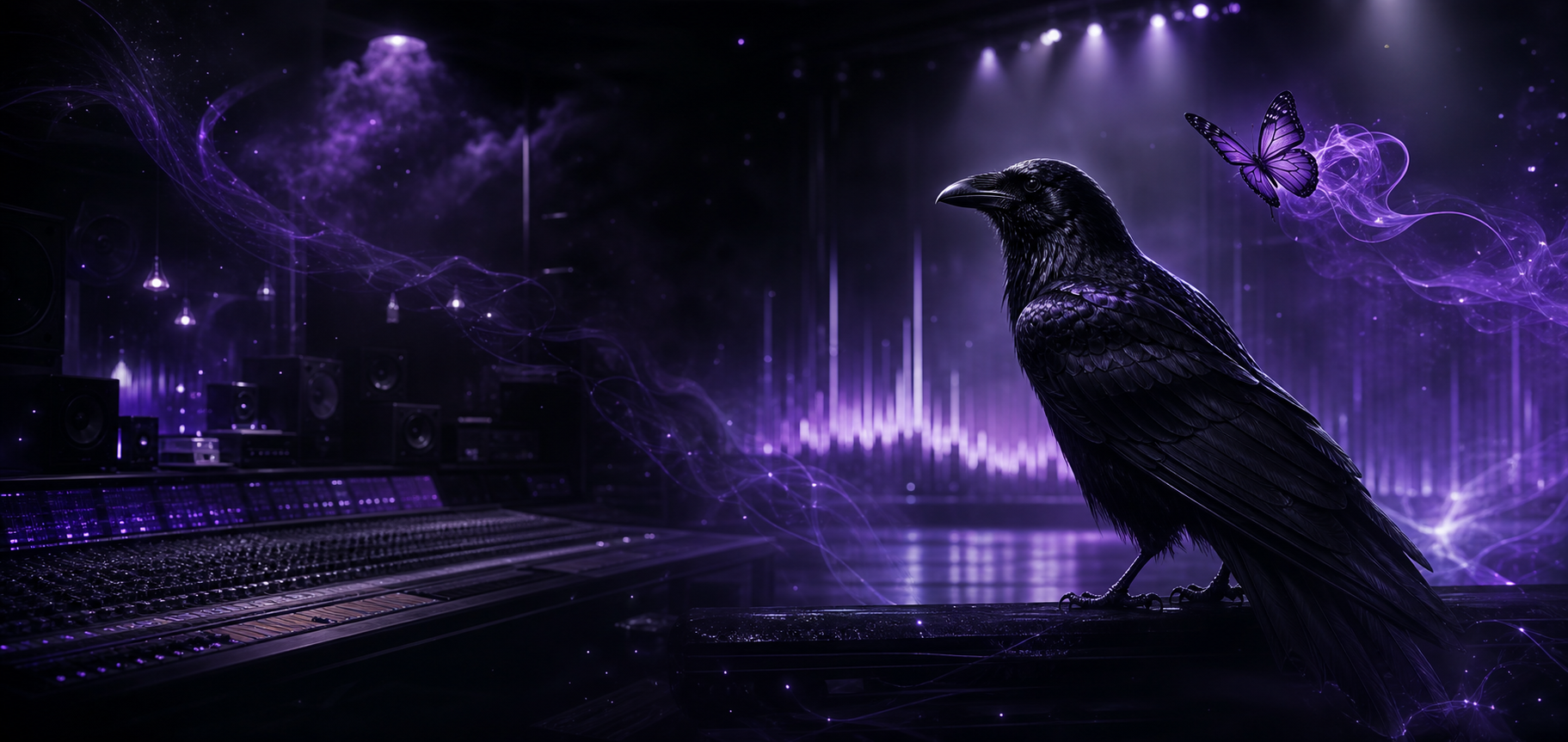 Corbeau noir et papillon violet dans une ambiance de studio mystique
